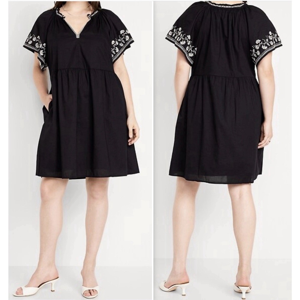Old Navy Black Embroidered Floral A-Line Dress Knee Length Pockets V-Neck XL